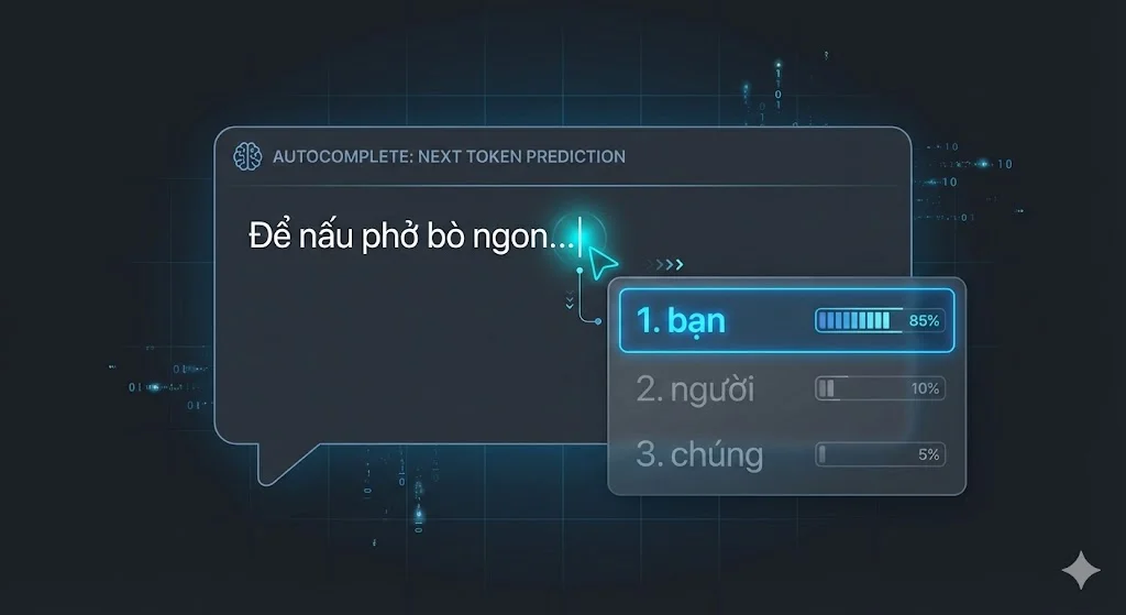 Dự đoán token tiếp theo - AI hoạt động như một hệ thống autocomplete siêu cấp
